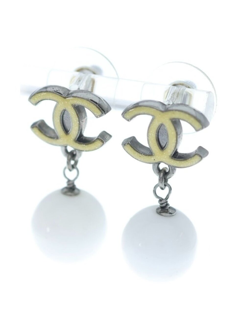 Chanel CC Logo Earrings Faux Pearl Silver White Yellow 07A